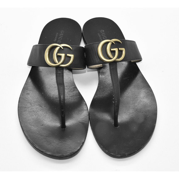 E0 Auth GUCCI Marmont Black Leather Golden GG Thong Slide Sandal Shoes Size 37.5 - Picture 3 of 7